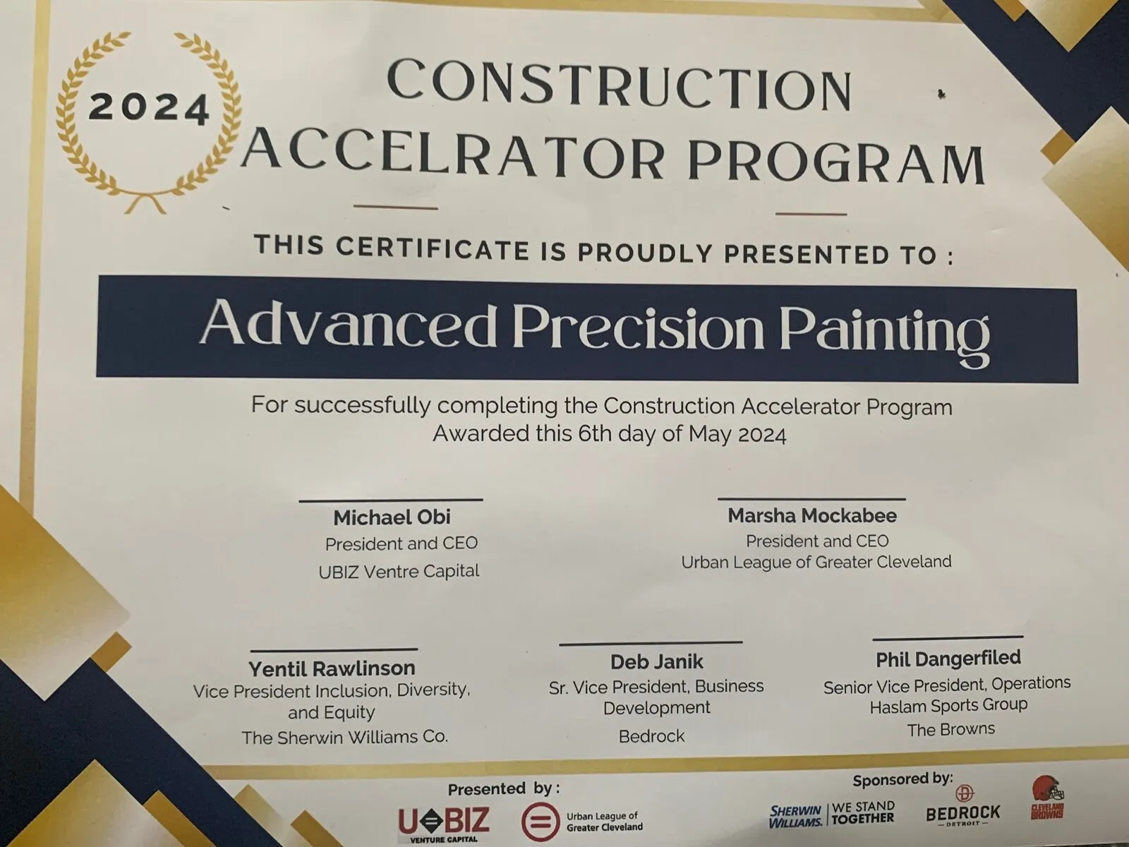 2024 Construction Accelerator Program certificate awarded to Advanced Precision Painting